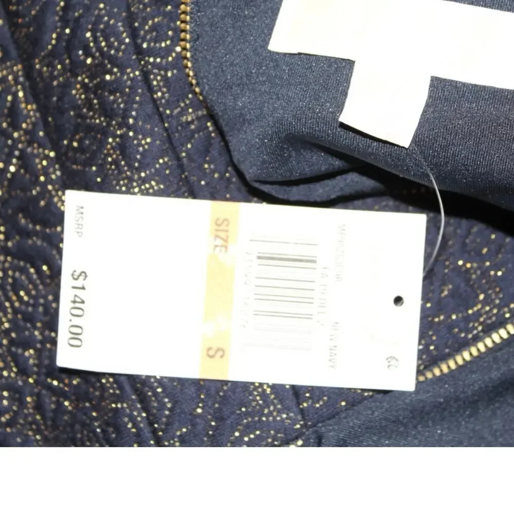 NWT Michael Kors Navy Gold Brocade Sleeveless V-Neck Dress Size Small